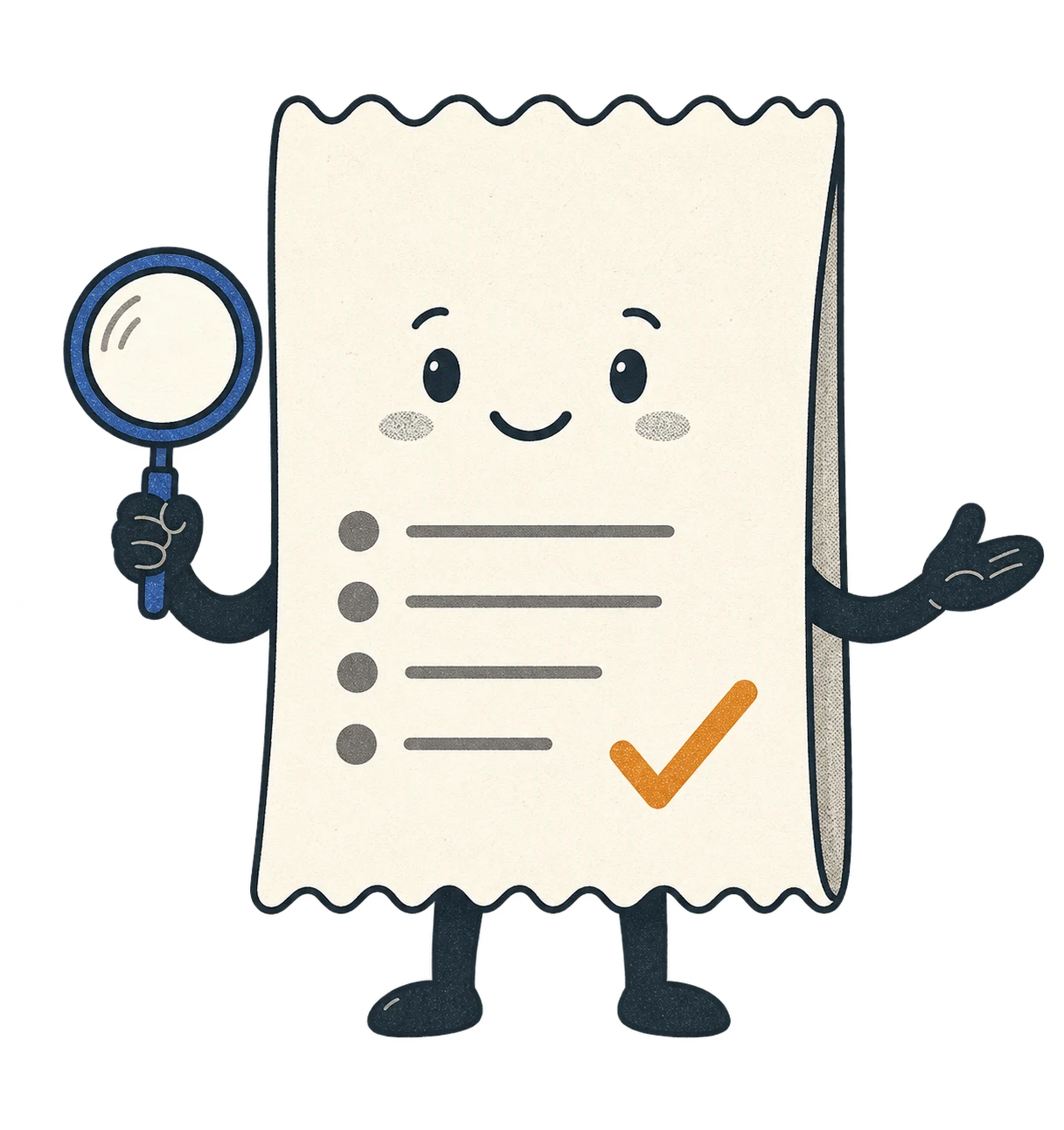 SEO Receipts mascot holding a magnifying glass and an amber check mark