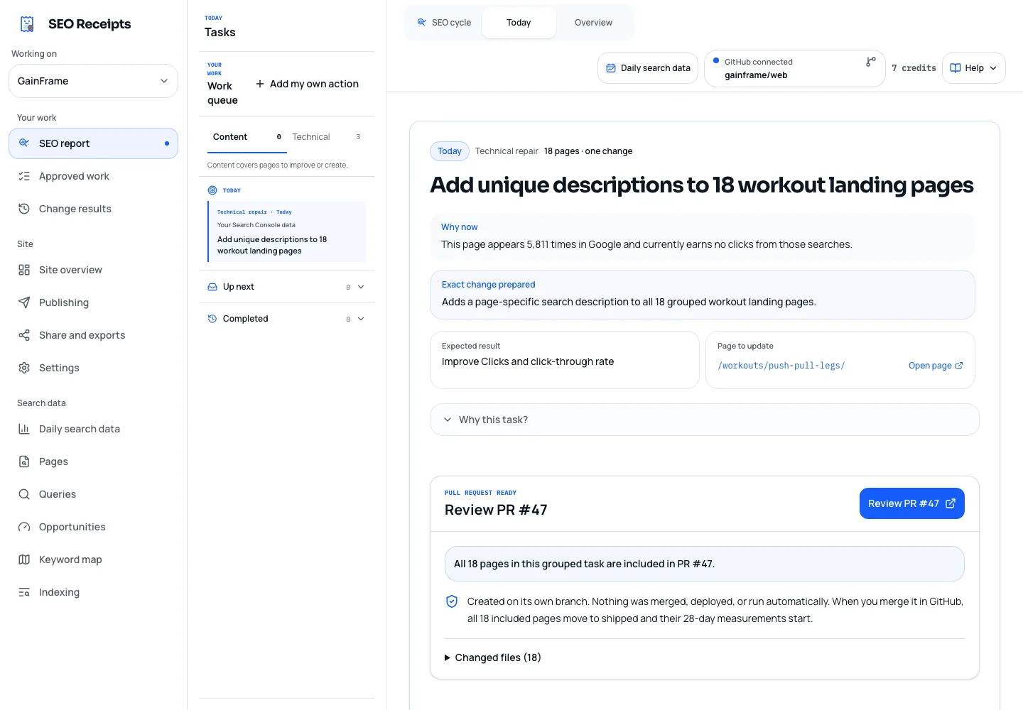 SEO Receipts approved task ready to open as a GitHub pull request