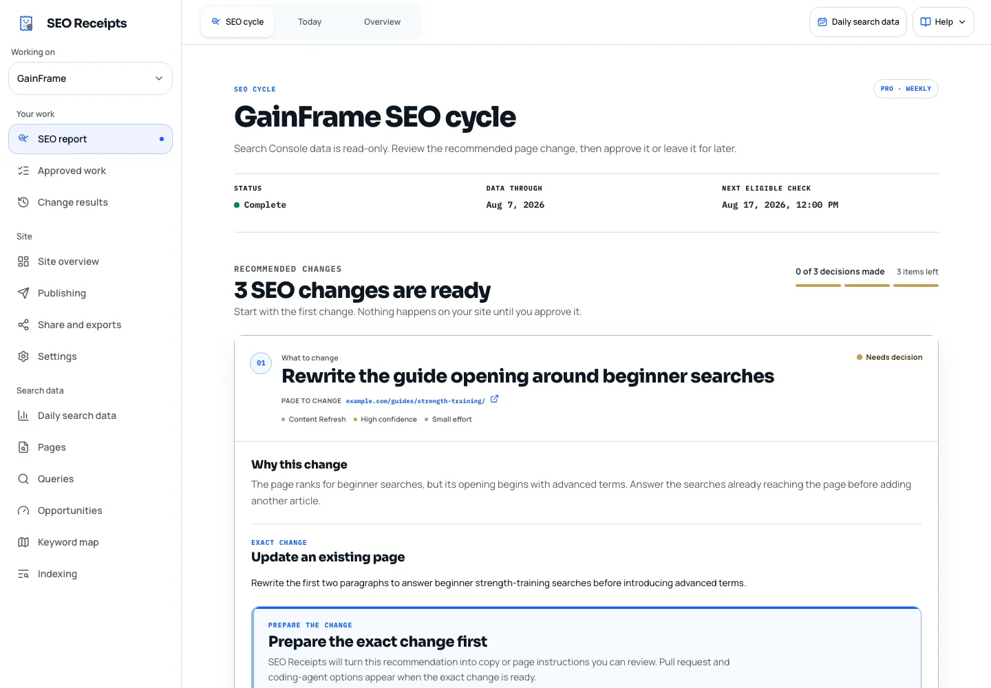 SEO Receipts SEO cycle showing three recommended changes from Search Console data