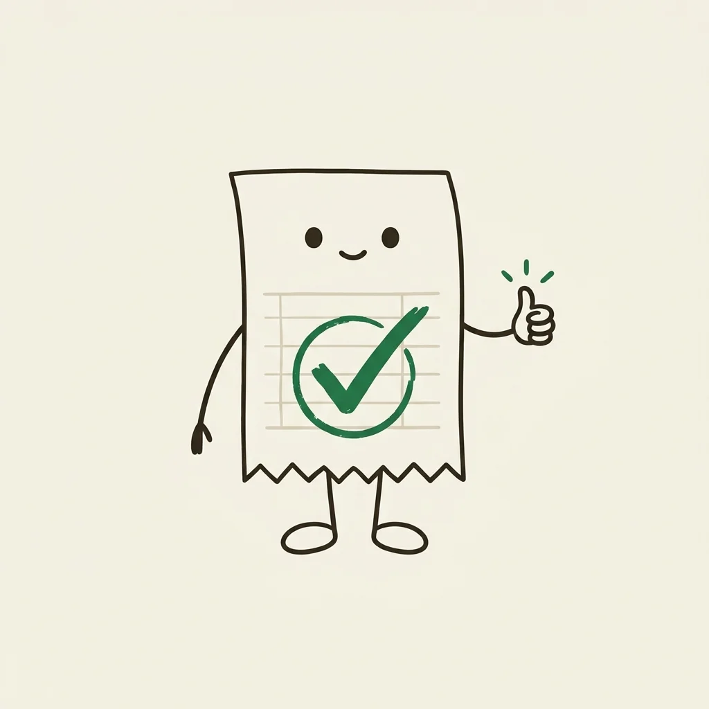 Receipt mascot holding a verification mark